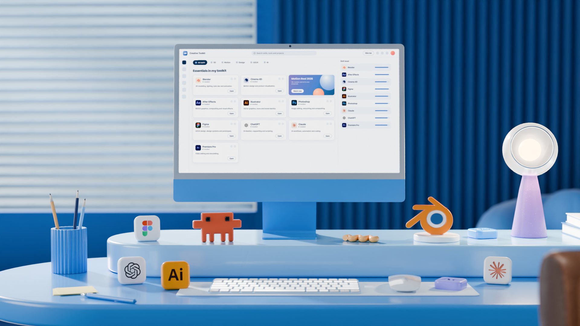 The blue studio desk scene rendered in Blender